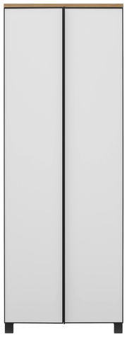 Moderner Garderobenschrank mit zwei weißen Türen und schwarzem Rahmen, Frontalansicht