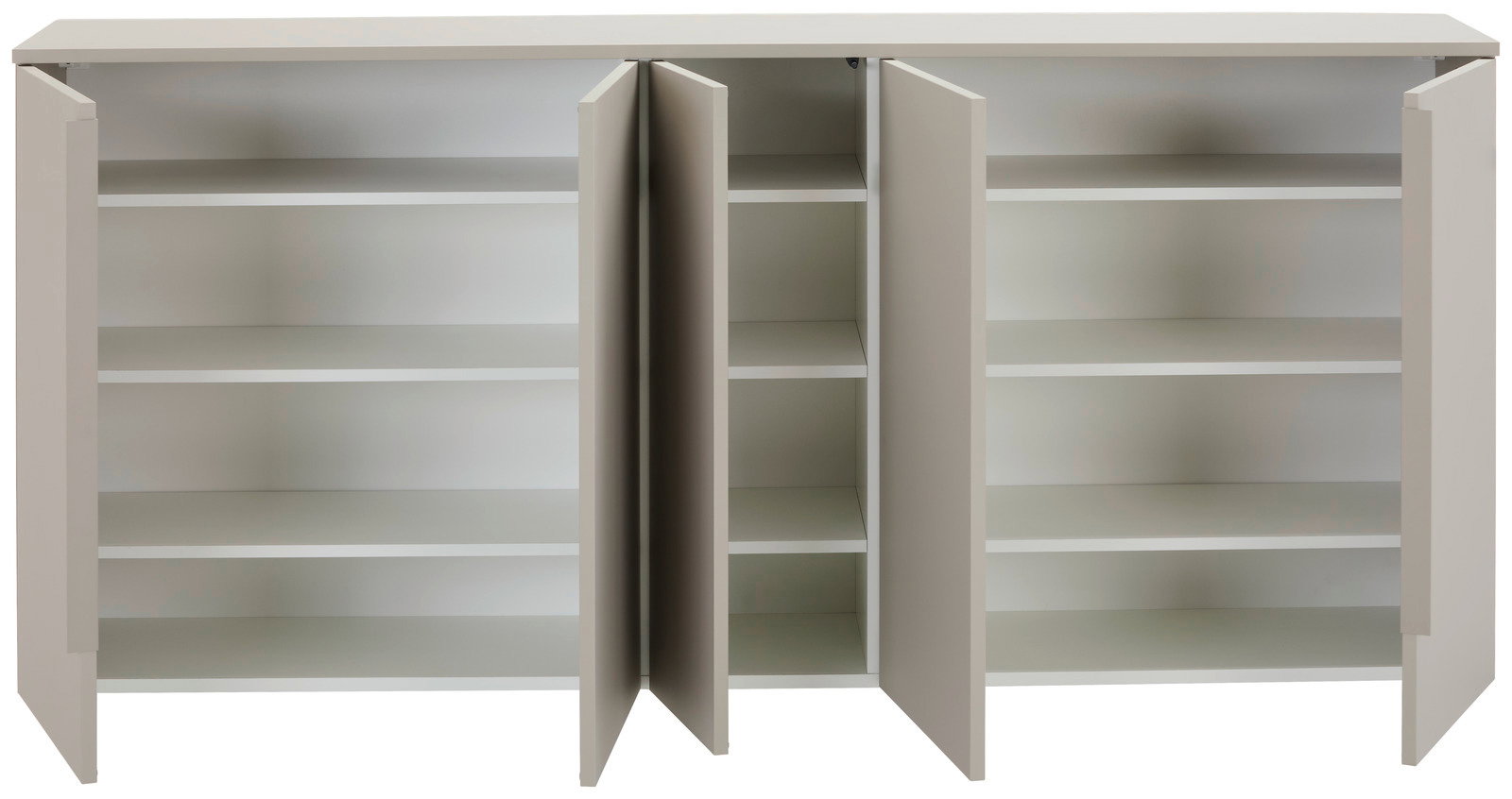 Garderoben-Set mit mehreren offenen Türen, zeigt Innenregale aus einer frontalen Perspektive.