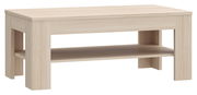 Moderner Couchtisch aus hellem Holz mit zusätzlicher Ablagefläche, seitliche Perspektive