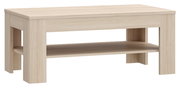 Moderner Couchtisch aus hellem Holz mit zusätzlicher Ablagefläche, seitliche Perspektive