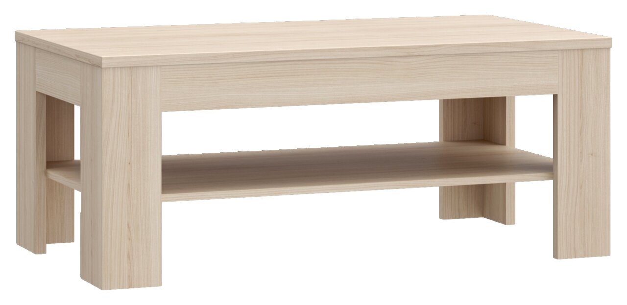 Moderner Couchtisch aus hellem Holz mit zusätzlicher Ablagefläche, seitliche Perspektive