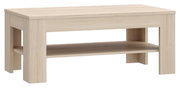Moderner Couchtisch aus hellem Holz mit zusätzlicher Ablagefläche, seitliche Perspektive