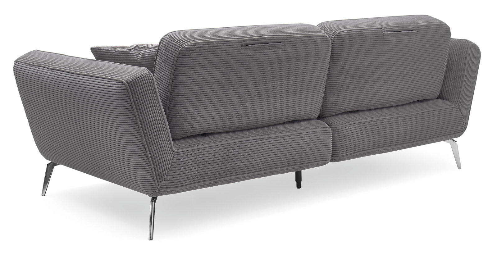 Rückansicht eines grauen Megasofas mit zwei Sitzen, gestreiftem Stoffbezug und schlanken Metallbeinen.