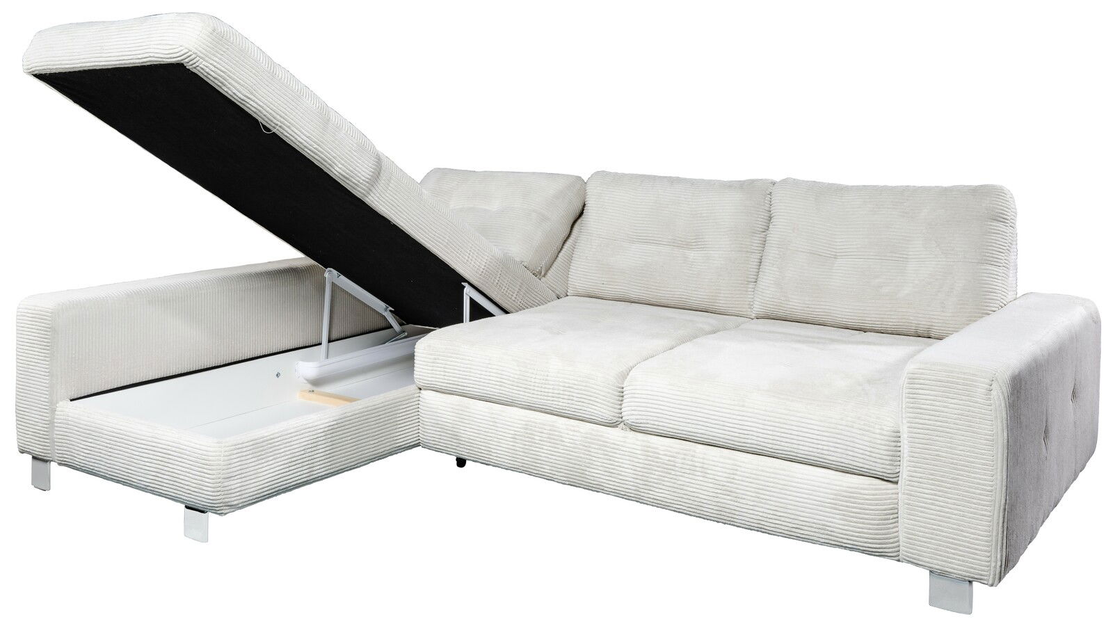 Helles Ecksofa mit Stauraum, geöffneter linker Teil, Vorderansicht