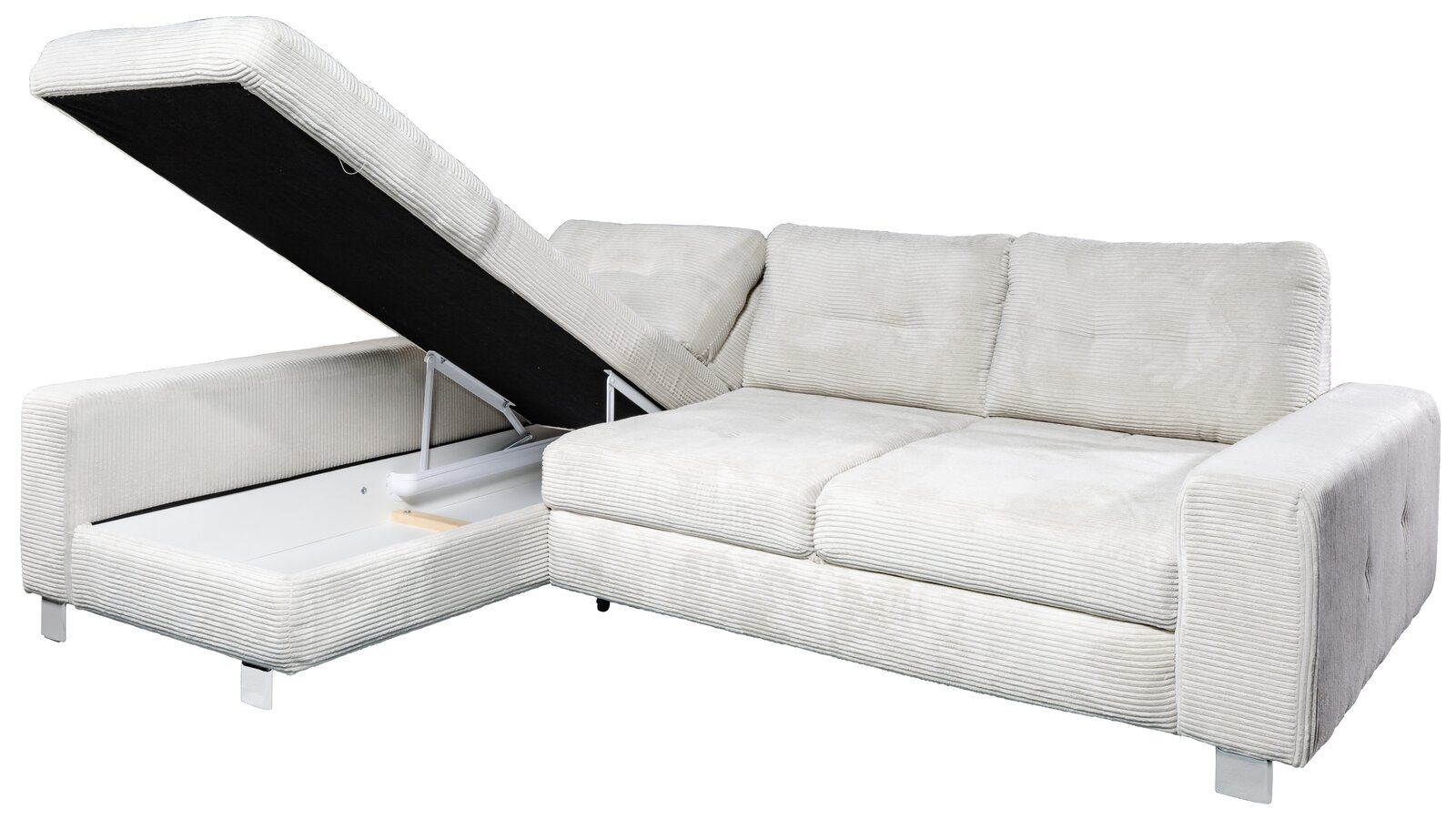 Helles Ecksofa mit Stauraum, geöffneter linker Teil, Vorderansicht