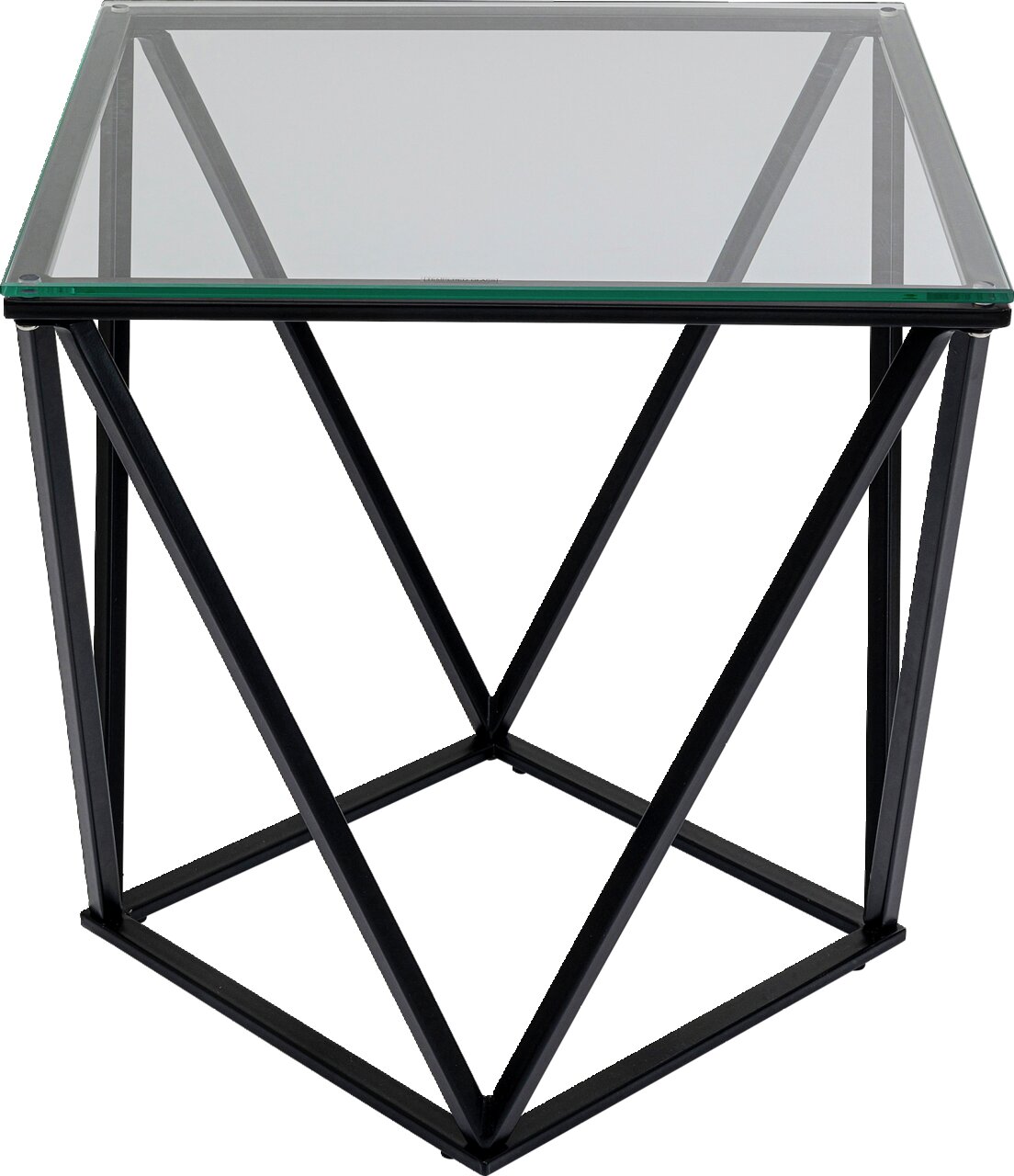 Moderner Beistelltisch mit Glasplatte und geometrischem Metallgestell, Frontalansicht.