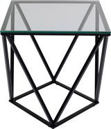Moderner Beistelltisch mit Glasplatte und geometrischem Metallgestell, Frontalansicht.