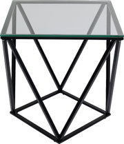 Moderner Beistelltisch mit Glasplatte und geometrischem Metallgestell, Frontalansicht.