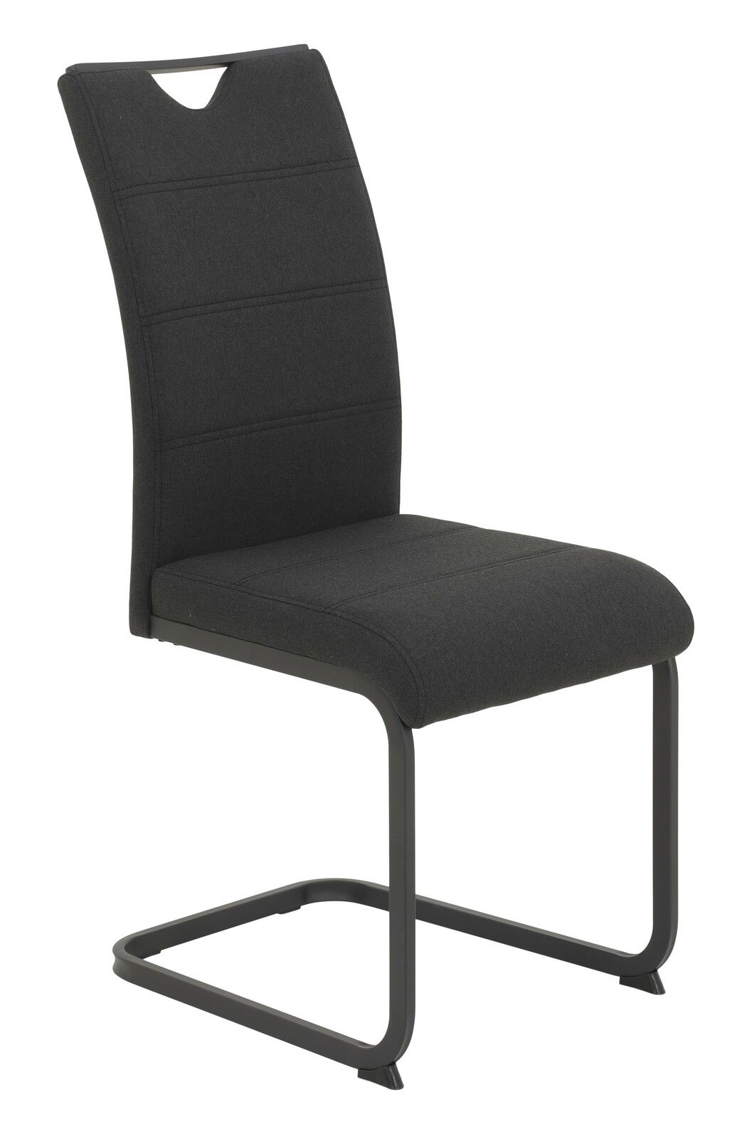 Schwarzer Schwingstuhl mit gepolsterter Sitzfläche und Rückenlehne, seitliche Perspektive