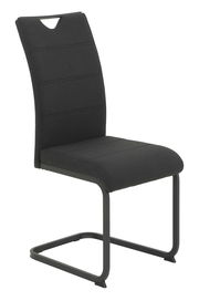 Schwarzer Schwingstuhl mit gepolsterter Sitzfläche und Rückenlehne, seitliche Perspektive