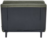 Rückansicht eines Funktionssessels mit schwarzem Stoffbezug und grünen Akzenten, auf schwarzen Beinen.