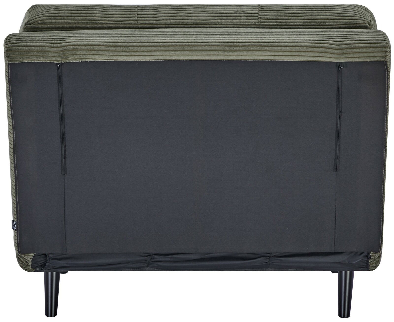 Rückansicht eines Funktionssessels mit schwarzem Stoffbezug und grünen Akzenten, auf schwarzen Beinen.