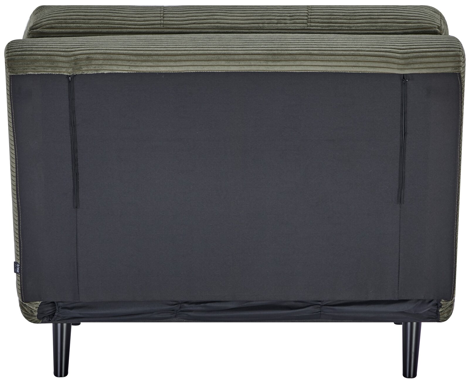 Rückansicht eines Funktionssessels mit schwarzem Stoffbezug und grünen Akzenten, auf schwarzen Beinen.