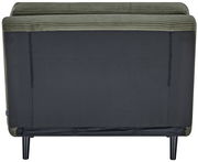 Rückansicht eines Funktionssessels mit schwarzem Stoffbezug und grünen Akzenten, auf schwarzen Beinen.