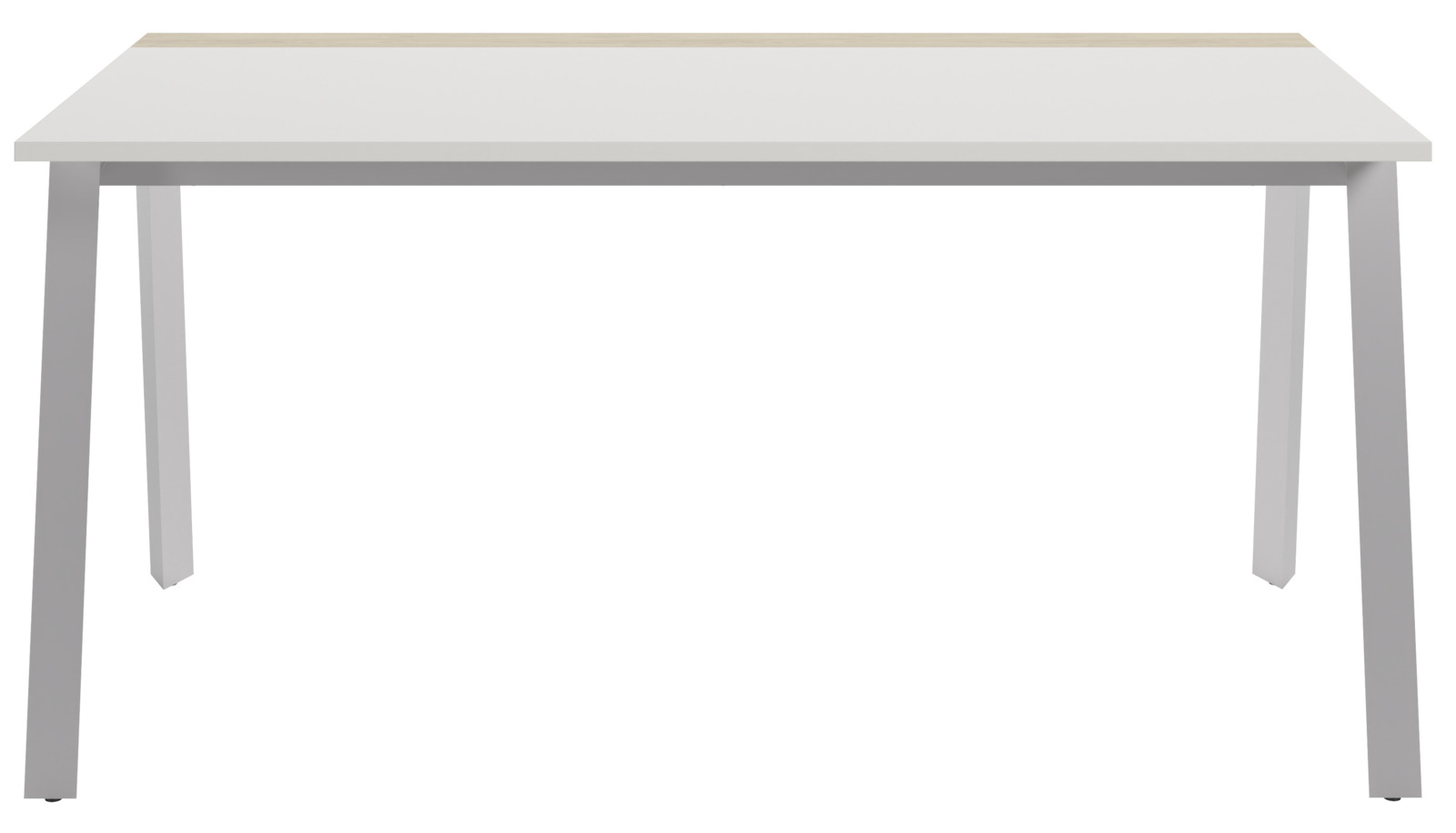 Moderner Schreibtisch mit weißer Tischplatte und grauen Beinen, Frontalansicht