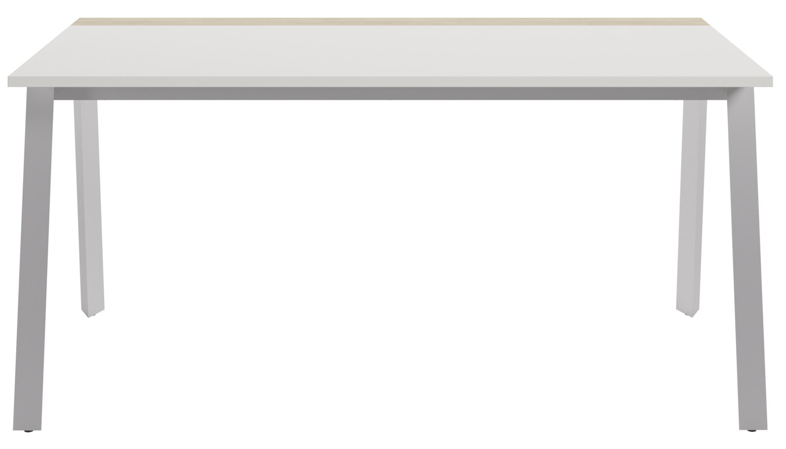 Moderner Schreibtisch mit weißer Tischplatte und grauen Beinen, Frontalansicht