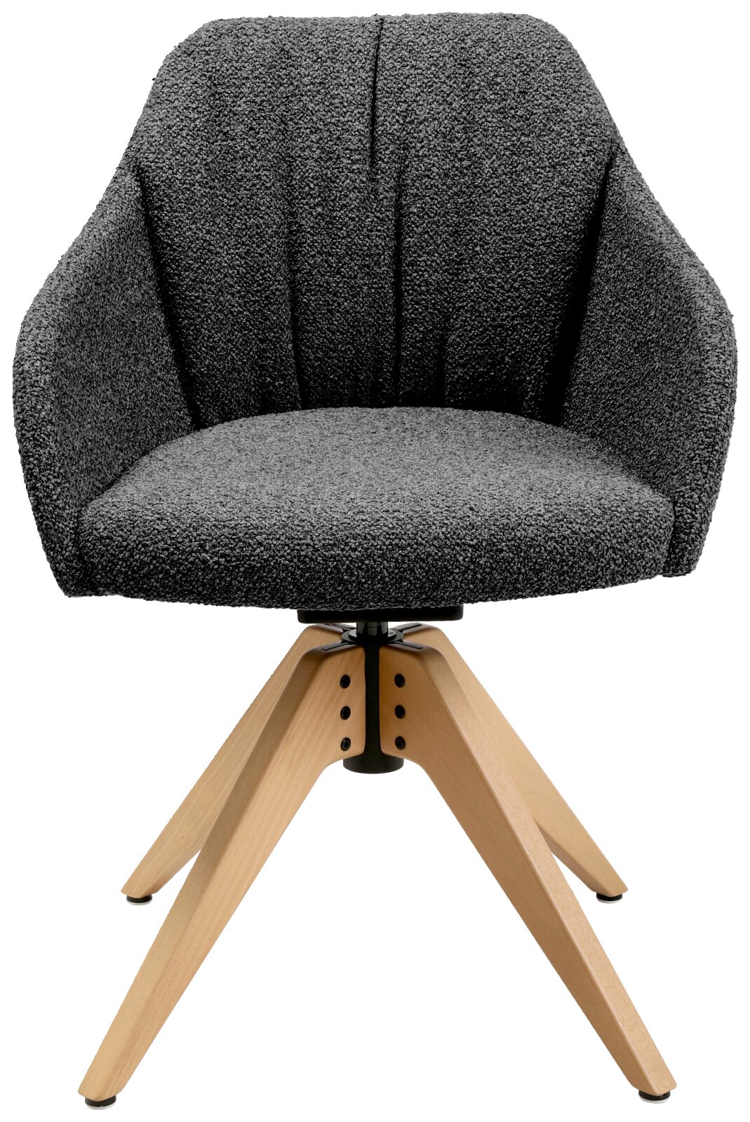 Grijze fauteuil met gestoffeerde zitting en rugleuning, op een houten onderstel met vier poten. Vooraanzicht.
