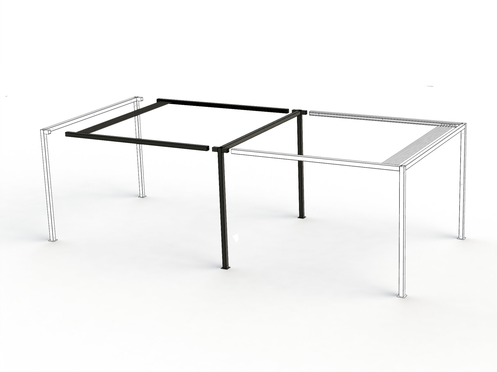 Perspektivische Ansicht einer Pergola-Erweiterung mit einem Teil in schwarzer Farbe und einem Teil als Drahtmodell.