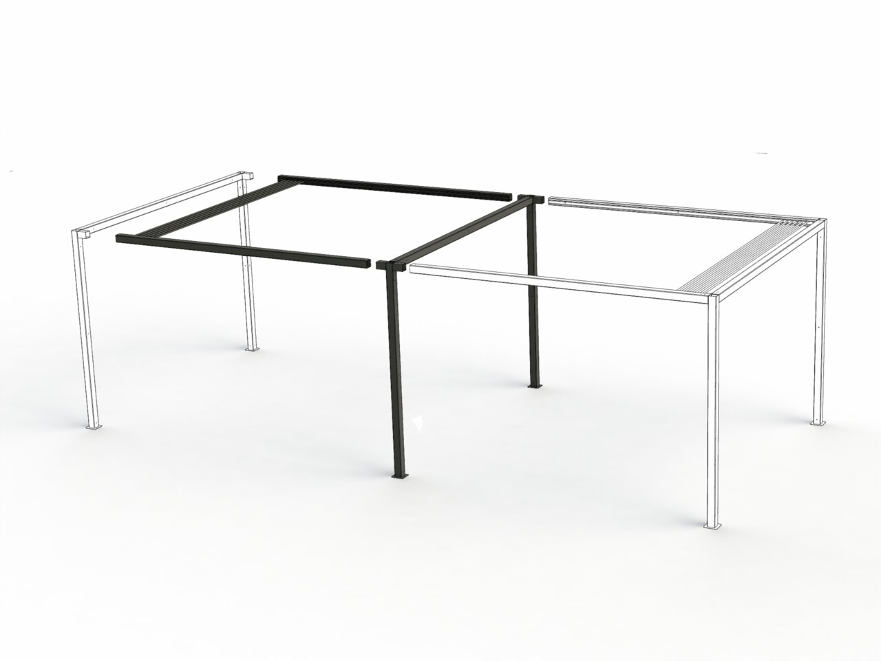 Siena Garden Pergola Erweiterung SCHATTENMANUFAKTUR Perspektivische Ansicht einer Pergola-Erweiterung mit einem Teil in schwarzer Farbe und einem Teil als Drahtmodell.