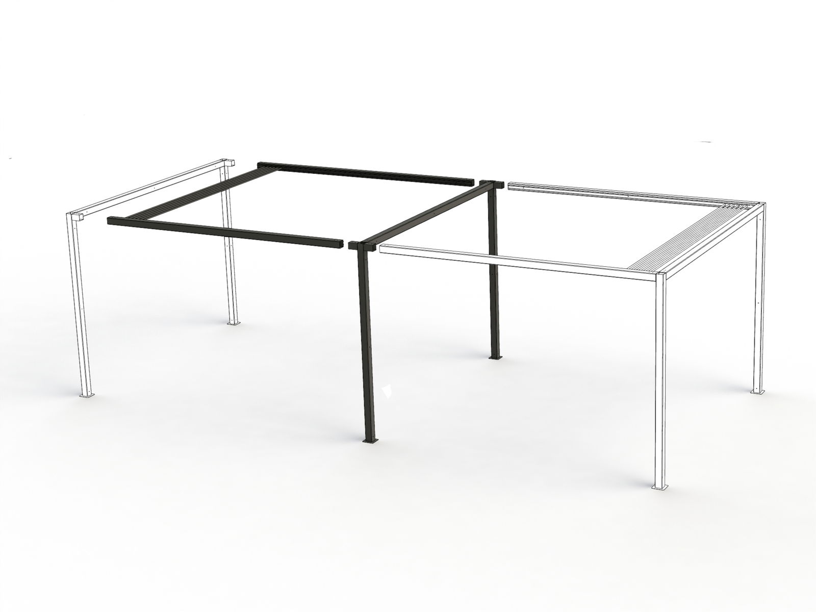 Perspektivische Ansicht einer Pergola-Erweiterung mit einem Teil in schwarzer Farbe und einem Teil als Drahtmodell.