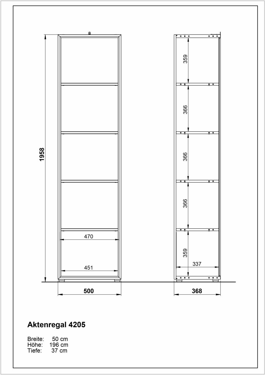Technische Zeichnung eines Aktenregals der Serie MONTERIA von XORA, Vorder- und Seitenansicht, Maße: Breite 50 cm, Höhe 196 cm, Tiefe 37 cm.