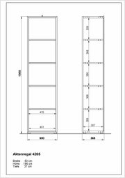 Technische Zeichnung eines Aktenregals der Serie MONTERIA von XORA, Vorder- und Seitenansicht, Maße: Breite 50 cm, Höhe 196 cm, Tiefe 37 cm.