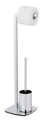 Stand WC-Garnitur Acate in Chrom, seitliche Perspektive, mit Toilettenpapierhalter und Bürstenhalter.