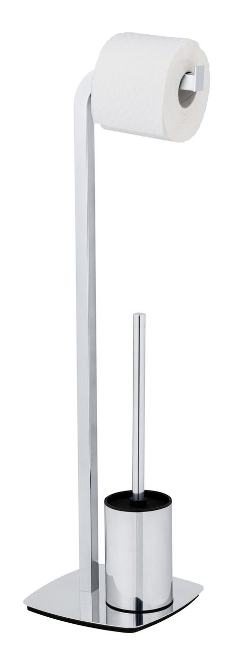 Wenko WC-Garnitur ACATE Stand WC-Garnitur Acate in Chrom, seitliche Perspektive, mit Toilettenpapierhalter und Bürstenhalter.