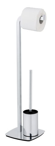 Stand WC-Garnitur Acate in Chrom, seitliche Perspektive, mit Toilettenpapierhalter und Bürstenhalter.