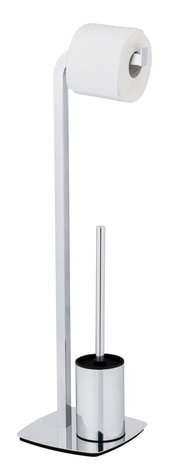 Stand WC-Garnitur Acate in Chrom, seitliche Perspektive, mit Toilettenpapierhalter und Bürstenhalter.