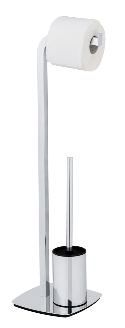 Wenko WC-set ACATE Stand WC-Garnitur Acate in Chrom, seitliche Perspektive, mit Toilettenpapierhalter und Bürstenhalter.