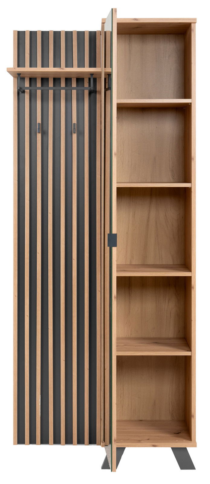 Frontale Ansicht einer modernen Garderobe mit Holz- und Metallelementen, offenen Regalfächern und Hakenleiste.