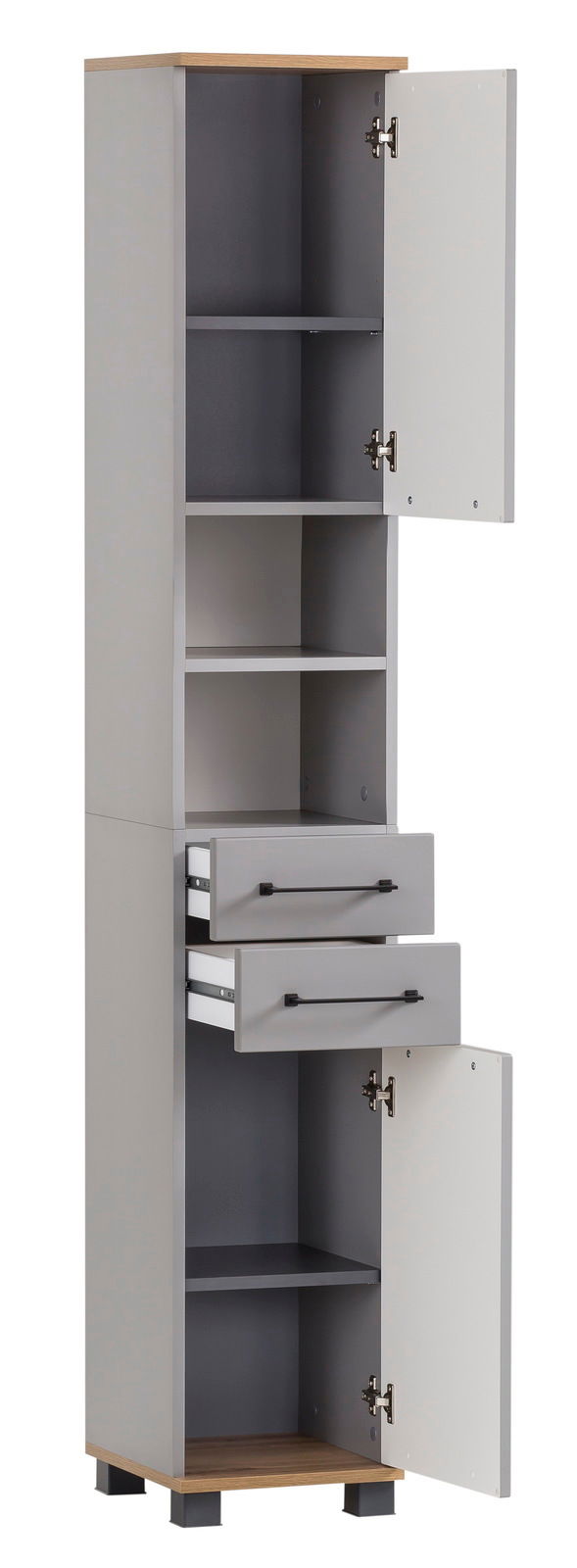 Hochschrank in grauer Farbe mit zwei offenen Türen oben und unten sowie zwei Schubladen in der Mitte, seitliche Perspektive