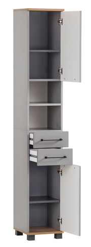 Hochschrank in grauer Farbe mit zwei offenen Türen oben und unten sowie zwei Schubladen in der Mitte, seitliche Perspektive