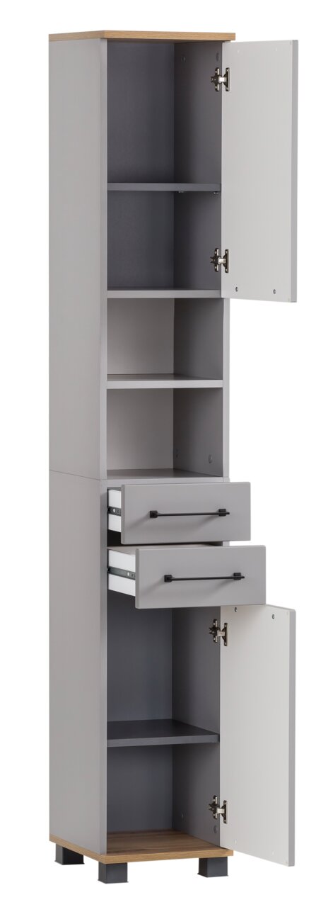 Stylife Hochschrank JELDA Hochschrank in grauer Farbe mit zwei offenen Türen oben und unten sowie zwei Schubladen in der Mitte, seitliche Perspektive