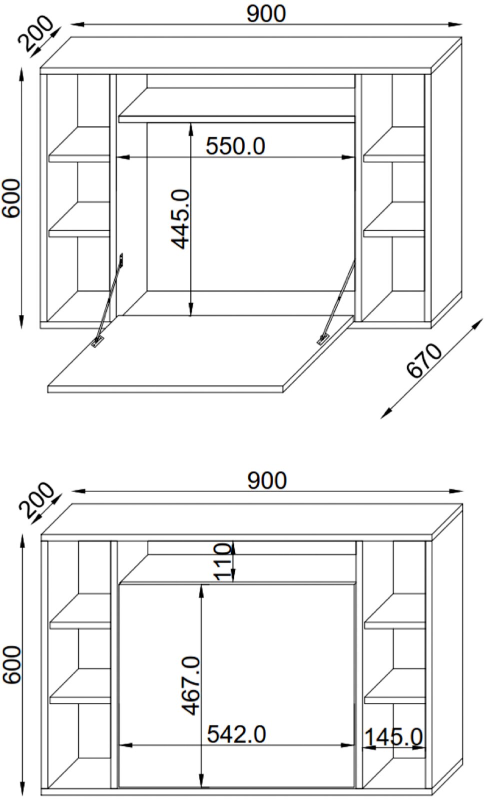 Technische Maßzeichnung eines wandmontierten Badspiegelschranks mit geöffneten Türen, seitlichen Regalfächern und Mittelspiegel; Frontansicht mit Bemaßung (ca. 900 mm breit, 600 mm hoch, 200 mm tief)