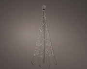 Kegelvormige kerstboom van zwart draad met warmwitte lichtjes en verlichte ster, volledig weergegeven vanuit vooraanzicht tegen een donkere achtergrond