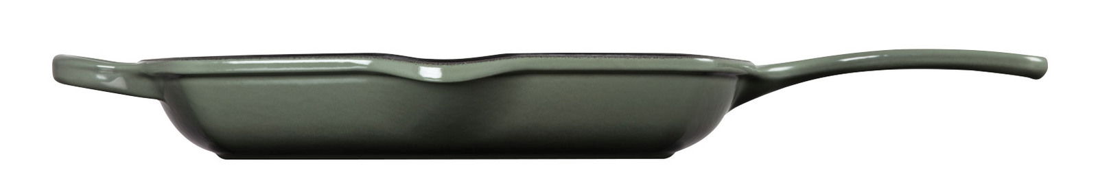 Seitenansicht einer quadratischen Grillpfanne Signature in Grün mit langem Griff.