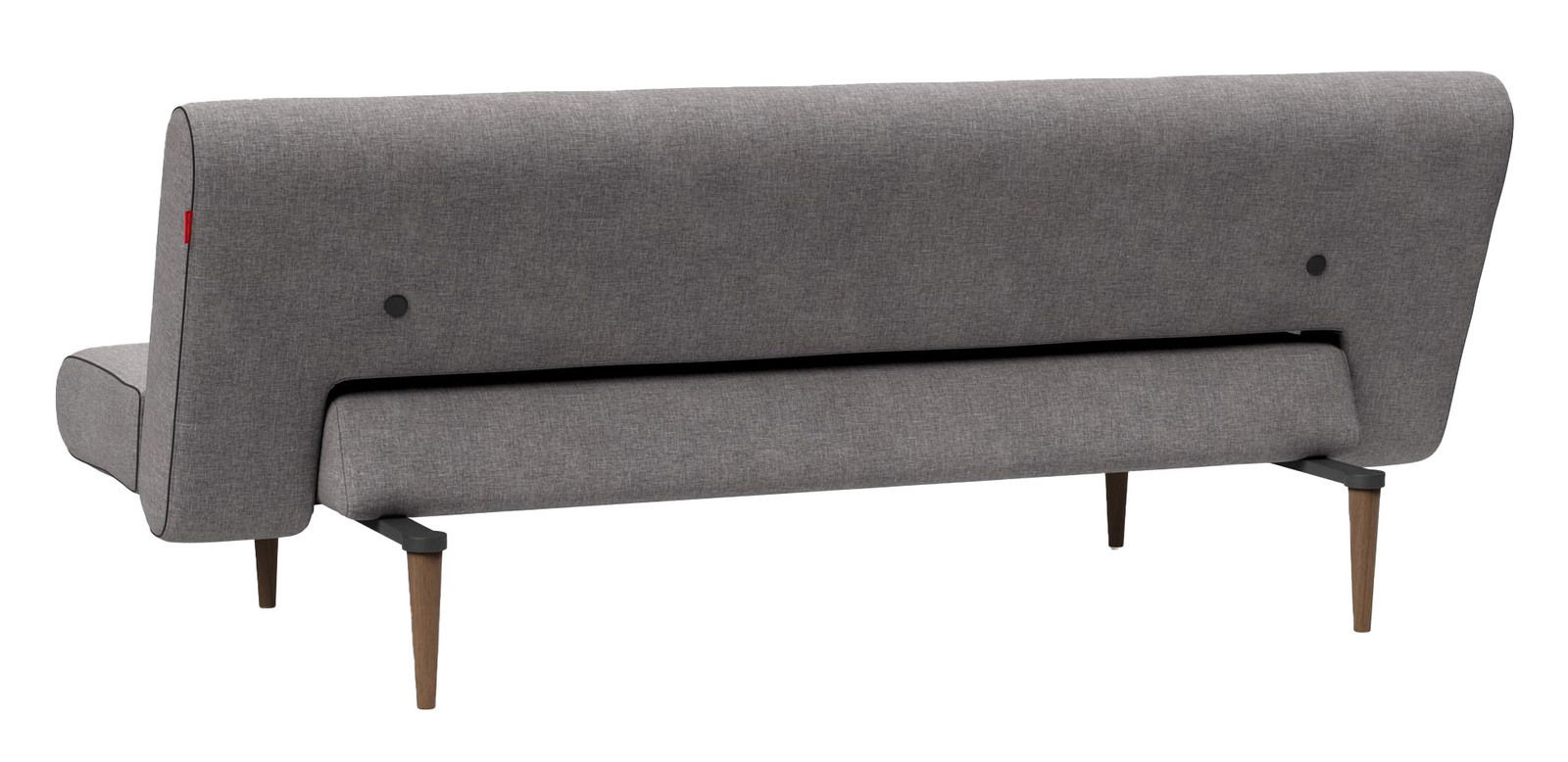 Rückansicht eines grauen Funktionssofas mit Holzbeinen.
