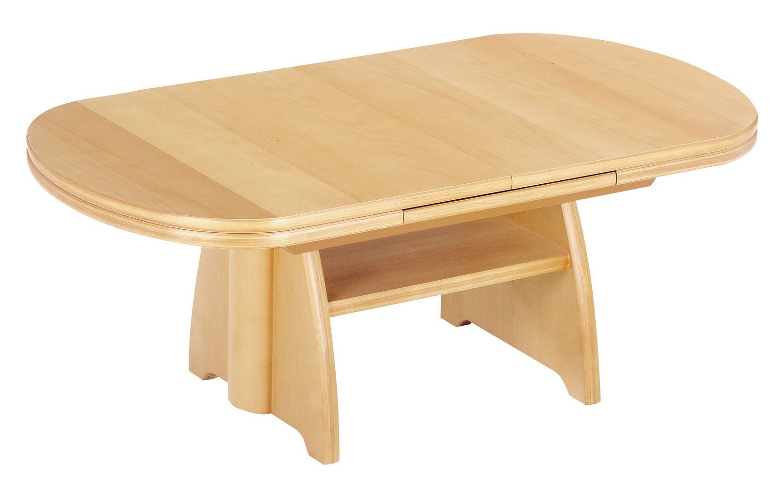 Holz-Couchtisch mit ovaler Tischplatte und Ablage, seitliche Perspektive