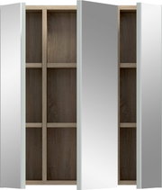 Moderner Kleiderschrank mit geöffneten Türen in Weiß und grauer Mitteltür, innen dunkle Holzoptik mit Einlegeböden; frontale Ansicht