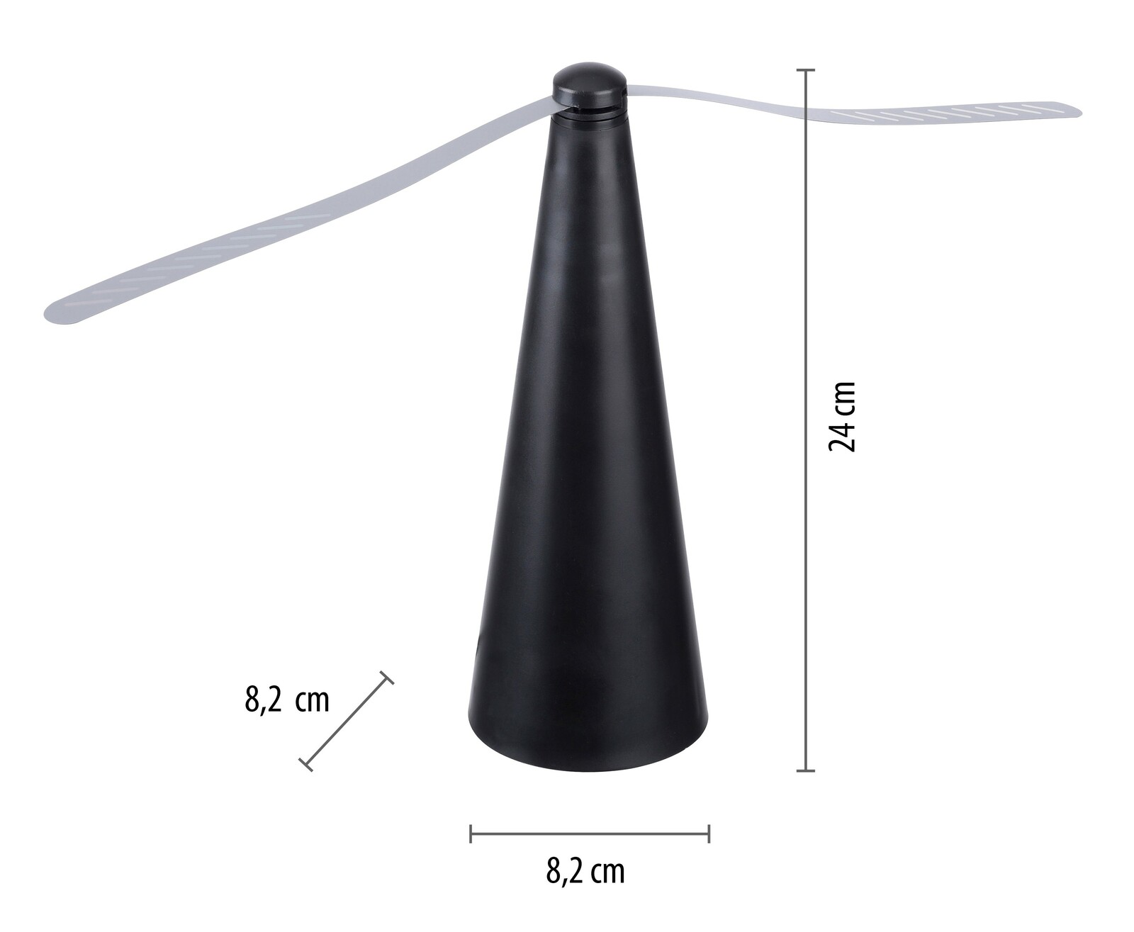 Schwarzer Fliegenwedler in Kegelform mit zwei rotierenden Flügeln, seitliche Perspektive, Maße 24 cm hoch und 8,2 cm im Durchmesser.