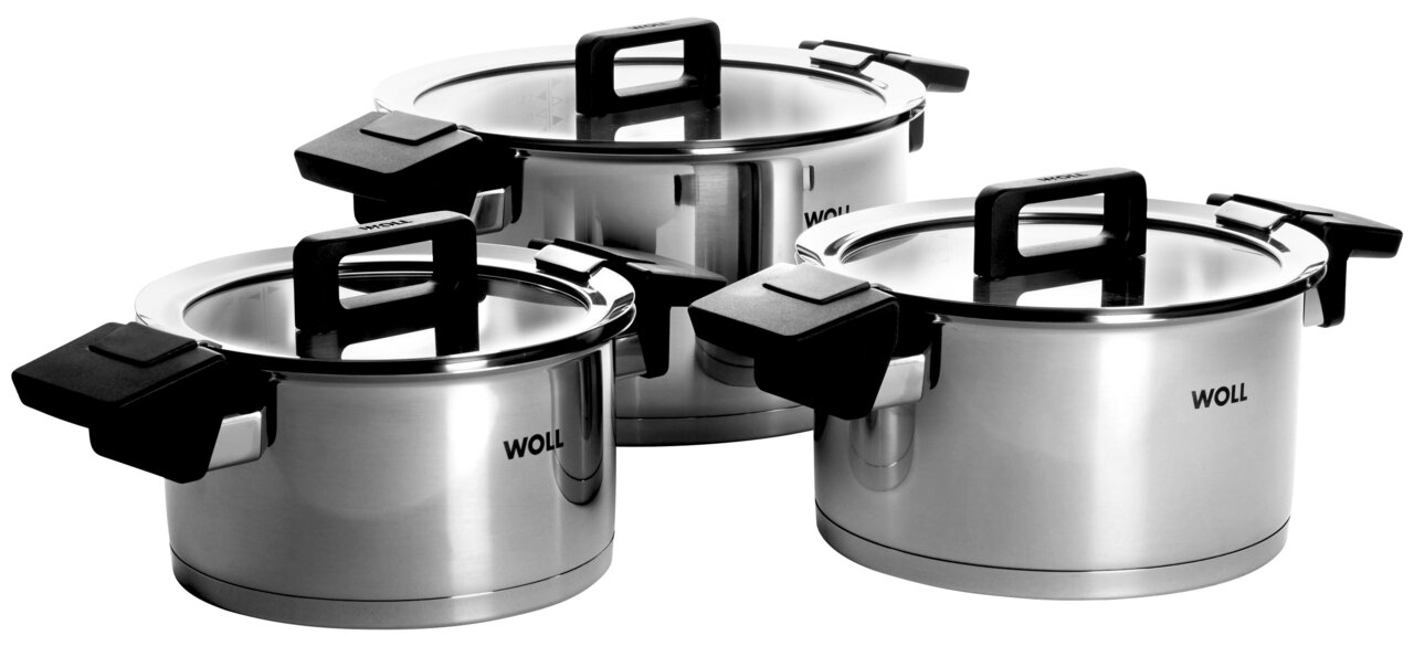 Woll Topfset 6-tlg. CONCEPT Dreiteiliges Topfset aus Edelstahl mit schwarzen Griffen, seitliche Perspektive