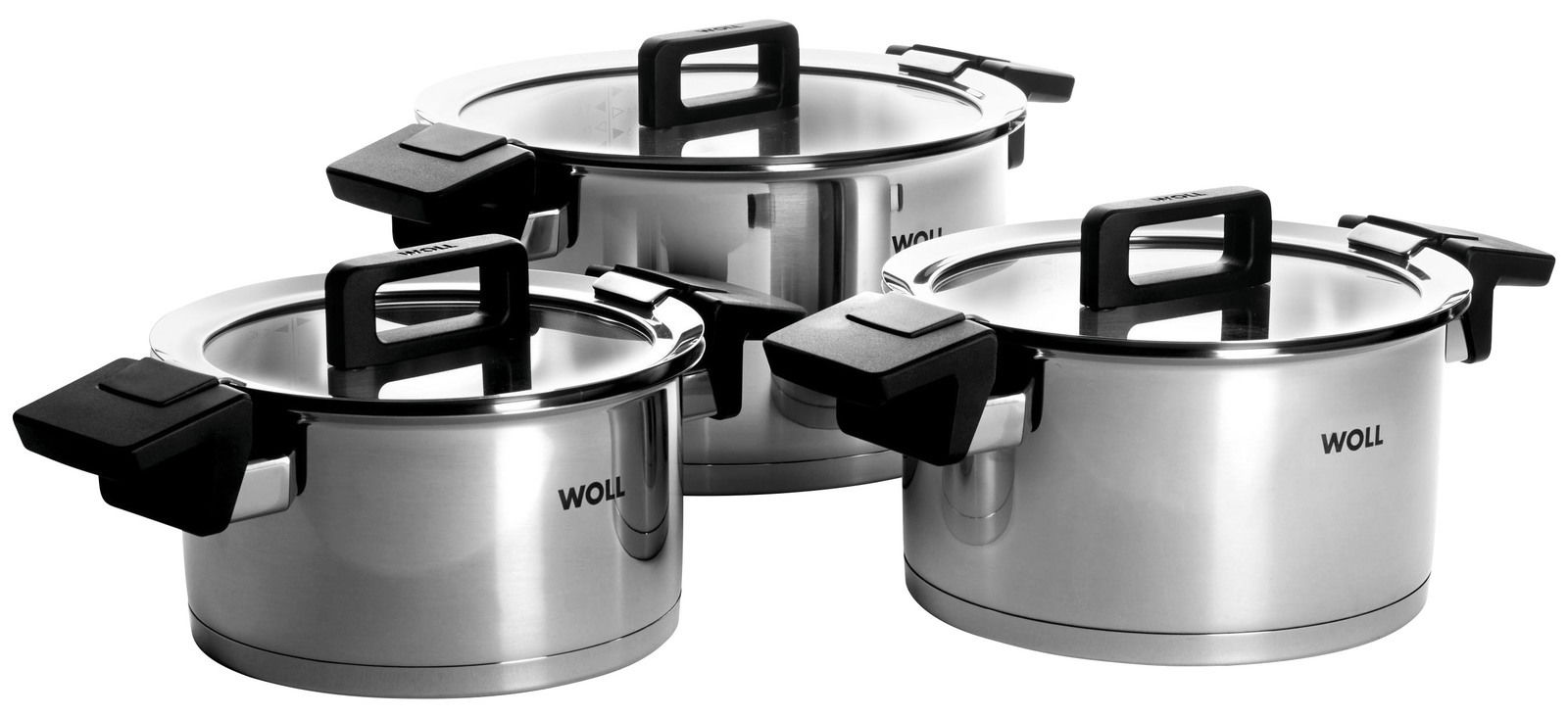 Dreiteiliges Topfset aus Edelstahl mit schwarzen Griffen, seitliche Perspektive
