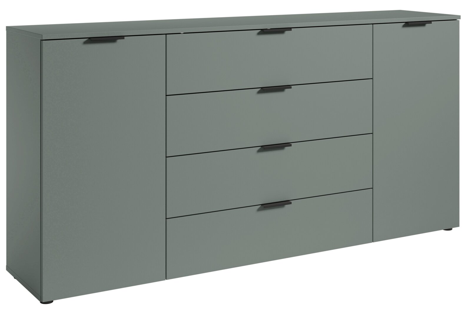 Graues XL-Sideboard mit vier Schubladen und zwei Türen, seitliche Perspektive