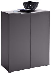 Moderner Schuhschrank in dunklem Grau mit zwei Türen, darauf eine dekorative Schale, seitliche Perspektive