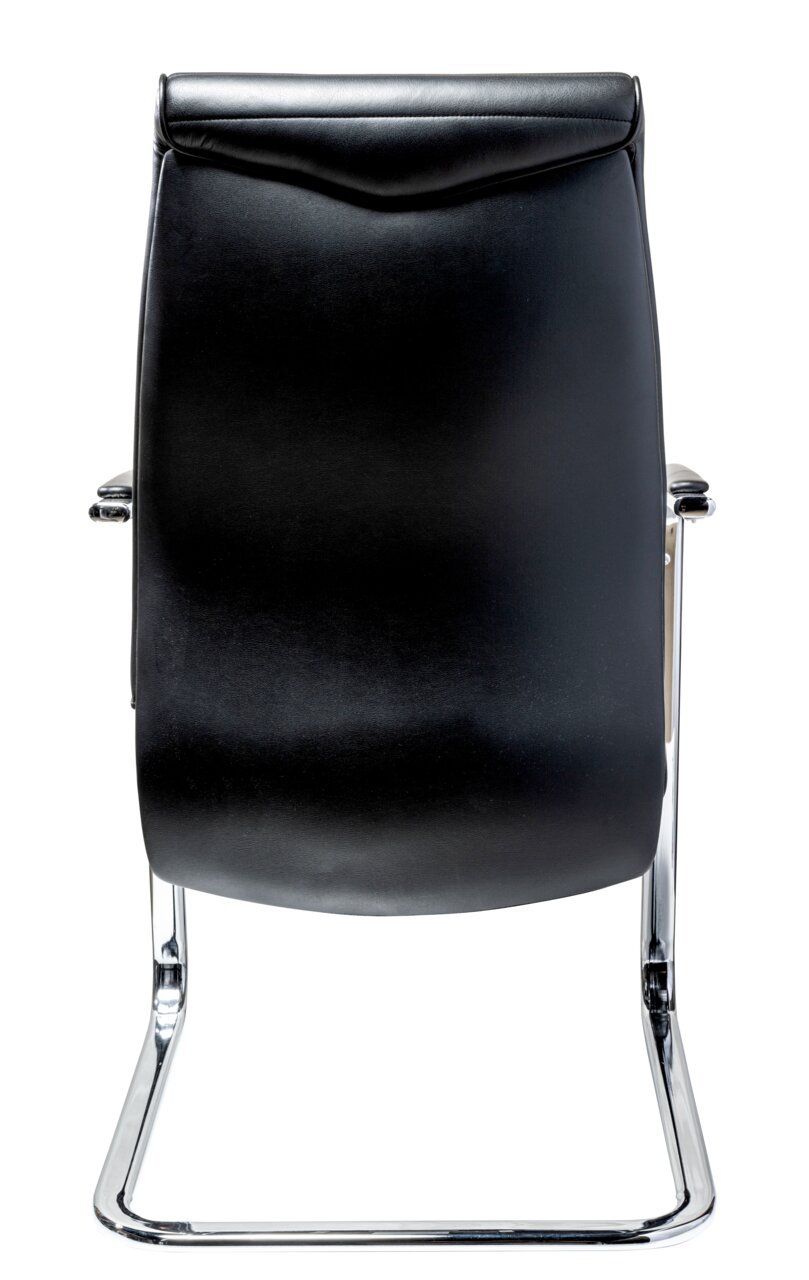 Rückansicht eines schwarzen Schwingstuhls mit verchromtem Gestell