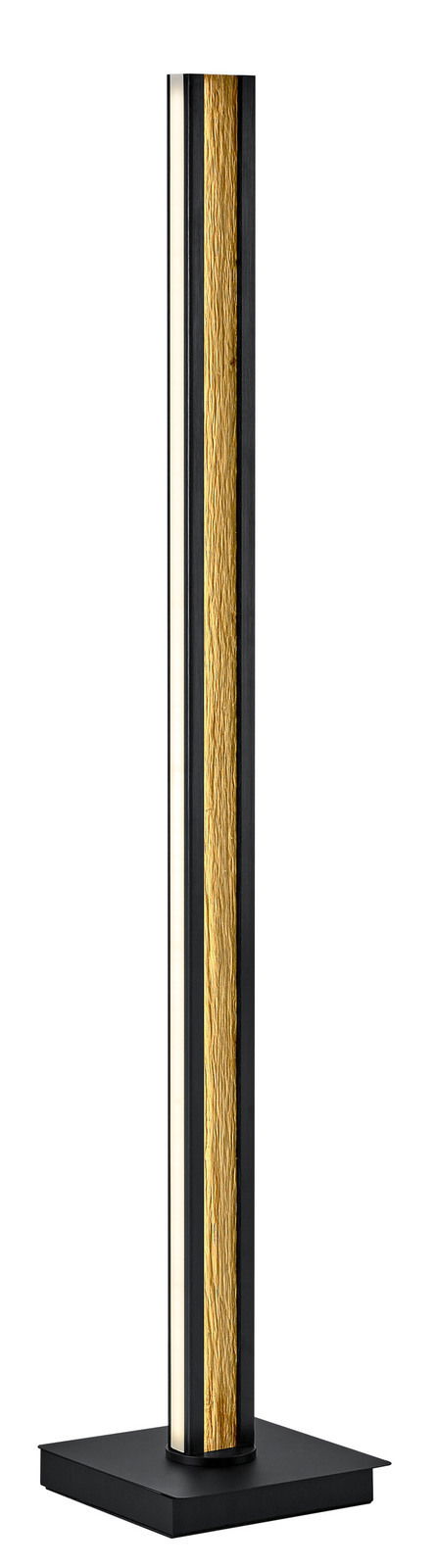 LED-Stehleuchte mit schwarzem Rahmen und goldener Struktur, frontal betrachtet.