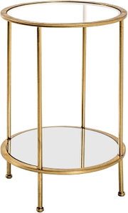 Runder Beistelltisch aus goldfarbenem Metall mit Glasablage und offenem Gestell, freigestellt auf weißem Hintergrund, Ansicht leicht von vorne/oben.