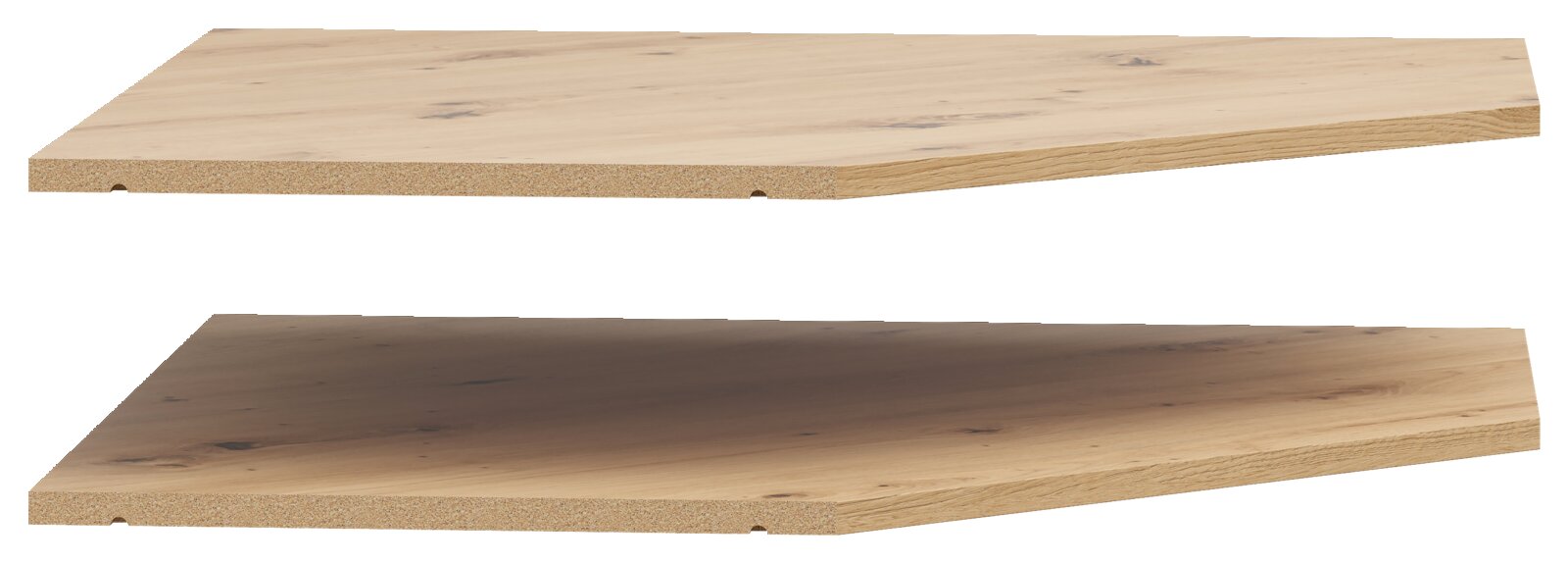 Zwei Holz-Eckböden in heller Holzoptik, perspektivisch von der Seite betrachtet.